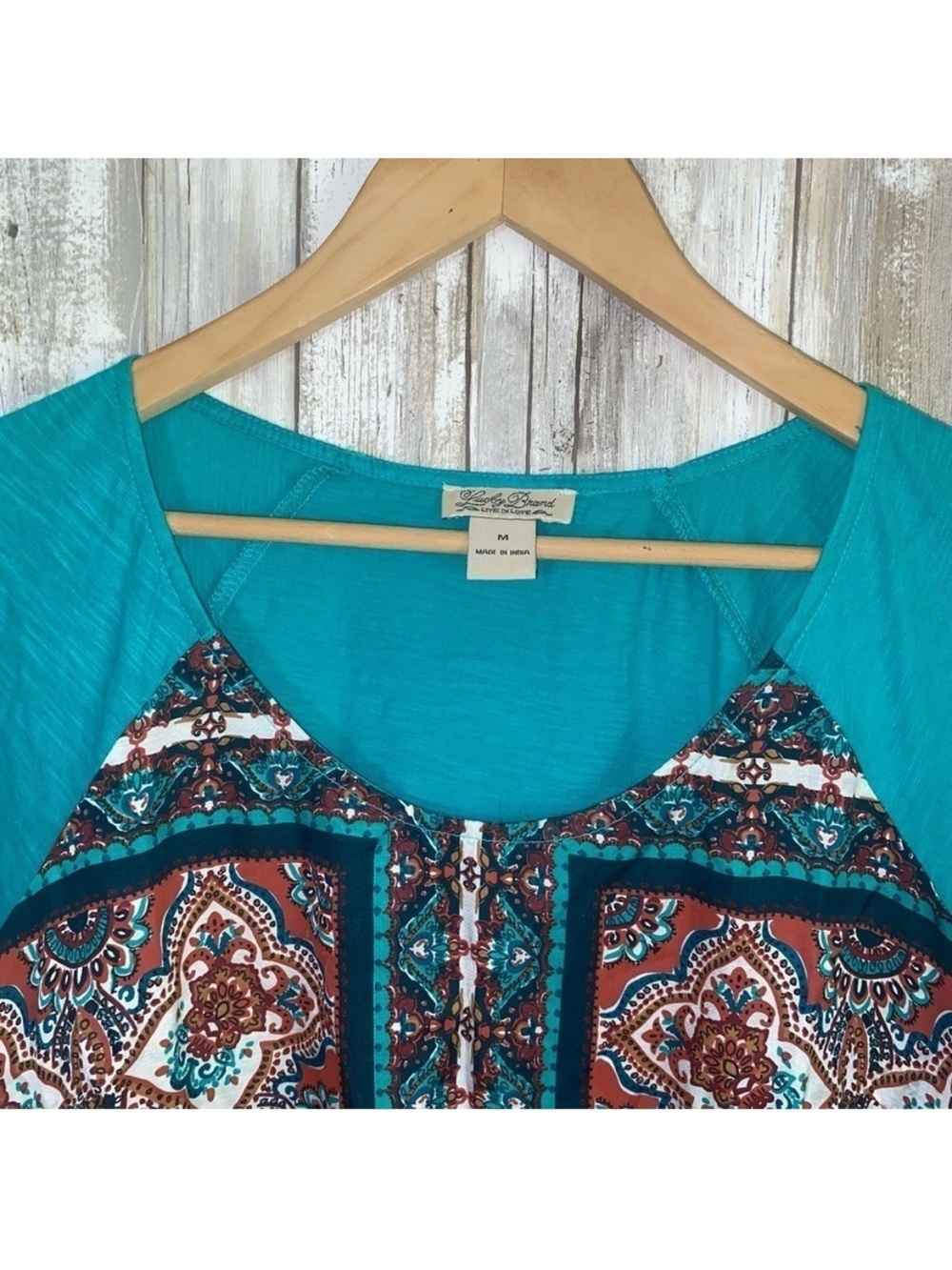 Lucky Brand Teal Boho Mixed Media Paisley Print Top Medium Cotton Viscose - Picture 5 of 6
